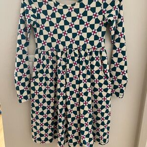 Hanna Andersson Girls Long Sleeve Geometric Print Dress in Teal and Cream Size 8